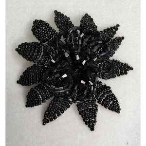 Vintage Black Beaded Flower Mourning Brooch Pin Costume Jewelry